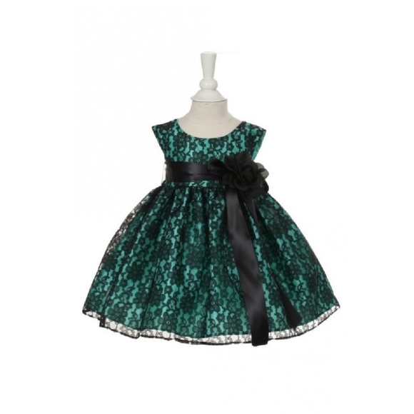 Girls Turquoise & Black Lace Short Dress